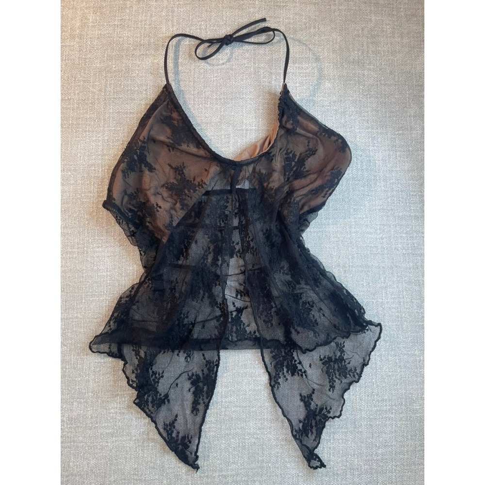 Black Floral Lace Sheer Halter Top Handkerchief Hem Nude Lining Tie Neck